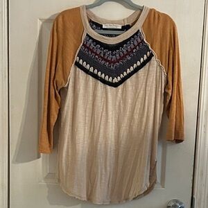 We The Free Raglan Long Sleeve Top in Mustard and Cream with Embroidered Yoke